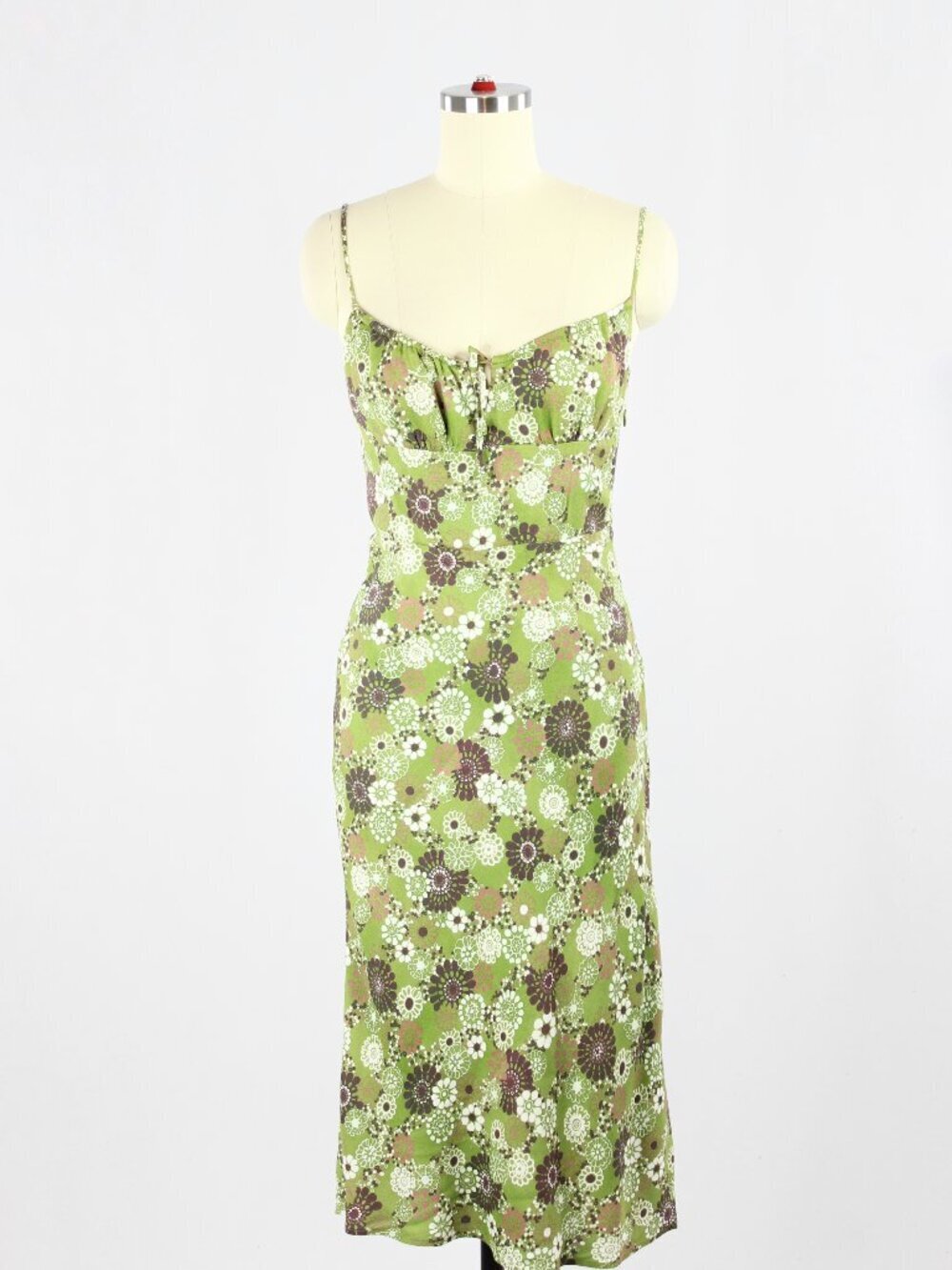 Aritzia WILFRED Bellow Green Floral Crepe Gathered Bust Midi Slip Dress, Size 2